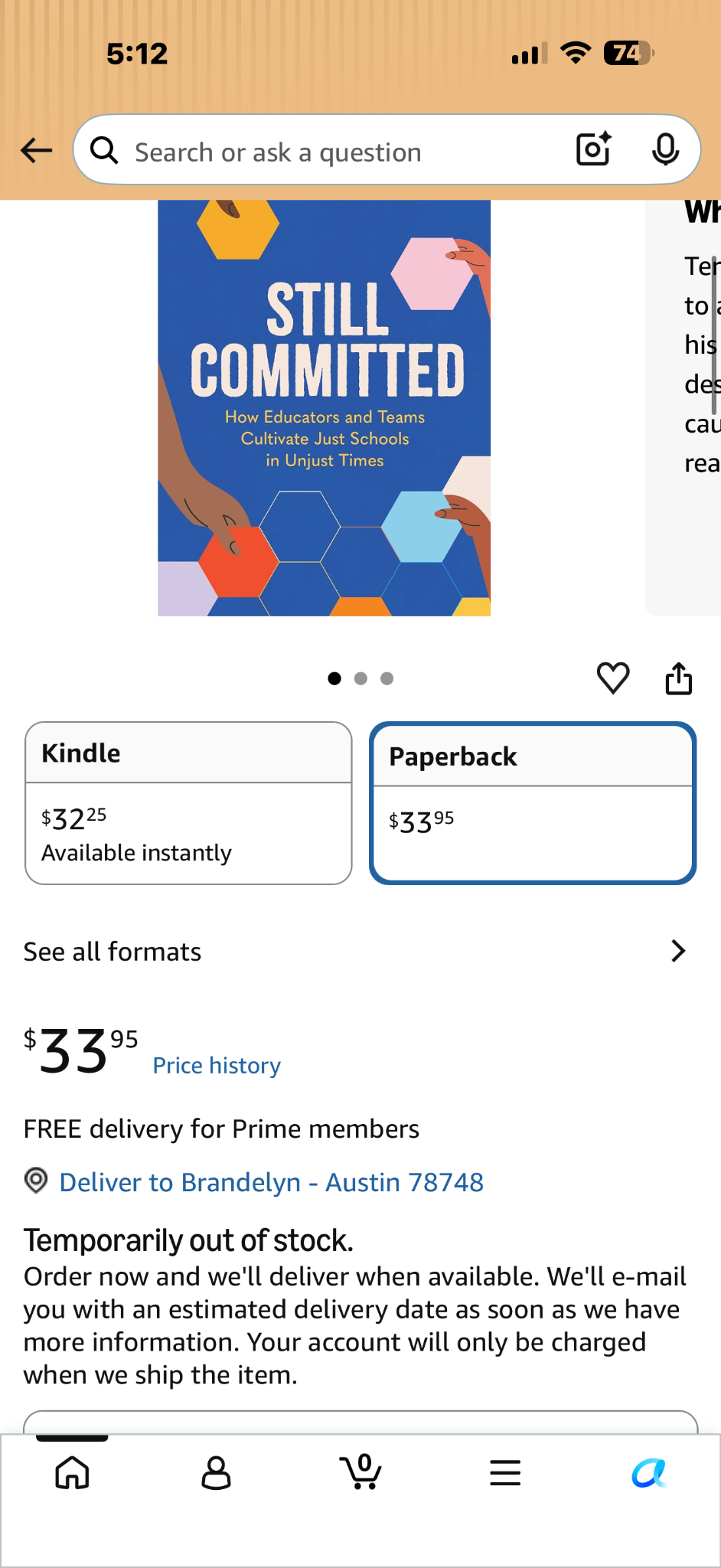 Amazon listing showing Still Committed temporarily out of stock